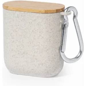 A drink bottle with a textured grey body, bamboo lid, and a silver carabiner attached.