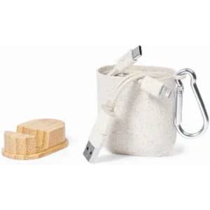 A USB charging cable in a beige pouch with a carabiner, alongside a wooden stand for the pouch.