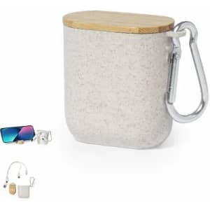 A drink bottle in a grey speckled finish with a bamboo lid and a metal carabiner. Features a logo.
