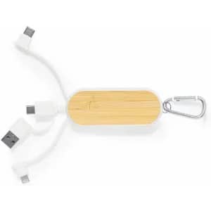 A charging cable with a bamboo design, featuring multiple connectors and a carabiner for easy attachment.
