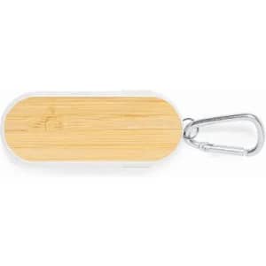 A keychain with a bamboo top and a silver carabiner, featuring a sleek, minimalist design.