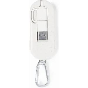 A white USB drive with a retractable connector, attached to a metal carabiner.