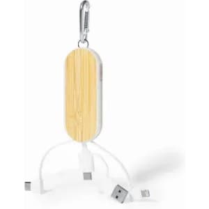 A multi-charge cable with a bamboo top and multiple connectors, equipped with a carabiner for easy attachment.