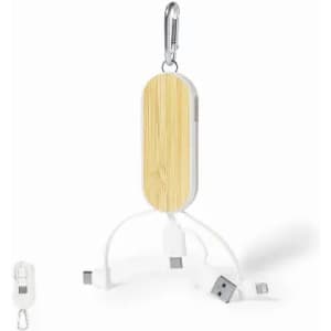 A portable charging device with a bamboo finish, featuring multiple connectors and a keychain clip.