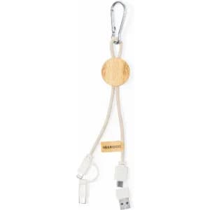 A charging cable with a carabiner clip, featuring a bamboo disc and multiple connector ends in white.