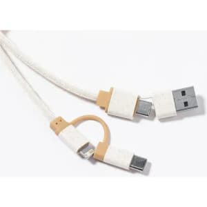 A braided charging cable in beige and cream, featuring multiple connectors and a compact design.