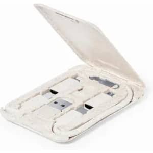 A portable charging case in white, featuring compartments for cables and a USB connector, with a hinged lid.