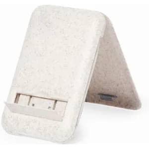 A phone stand in a natural beige colour with a textured finish and a built-in slot for device support.