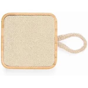 A square pot holder in a natural fabric with a wooden frame and a braided loop for hanging.