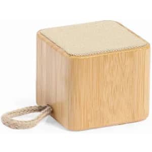 A bamboo block with a textured top and a rope loop, featuring a natural wood finish.