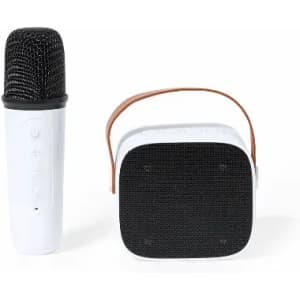 A microphone and speaker set in white and black, featuring a leather strap on the speaker and a textured microphone.