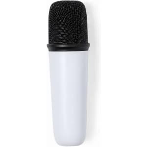 A microphone with a black mesh top and a white body, featuring a smooth, rounded design.