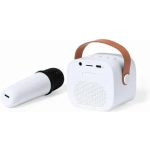 A white portable speaker with a leatherette handle, accompanied by a black microphone.