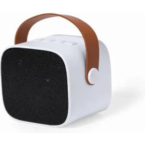 A portable speaker in white with a brown handle, featuring a black speaker grille and button details.