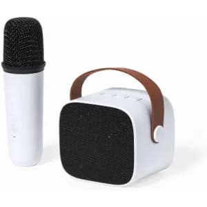 A portable speaker in white with a brown handle, accompanied by a white wireless microphone.