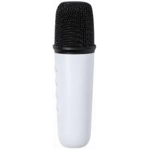 A microphone with a white body and a black mesh grille, featuring control buttons on the side.