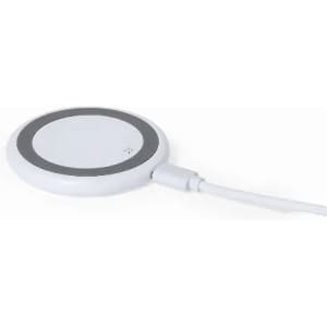 A wireless charging pad in white with a circular design and a grey rim, featuring a connected cable.