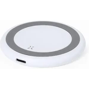 A wireless charger in white with a grey rim, featuring a logo, and a charging port on the side.