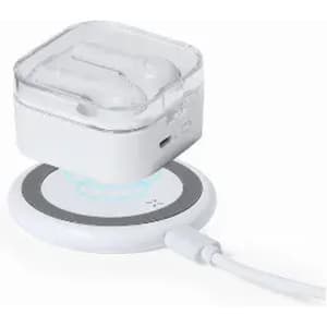 A wireless earbud charging case in a clear cover, placed on a round white wireless charger. The products are predominantly white.