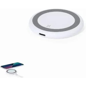 A wireless charger in white and grey, featuring a circular design and a USB-C port. Includes a smartphone next to it.