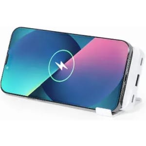 A charging dock with a smartphone displaying a charging symbol, featuring a white base and a sleek design.