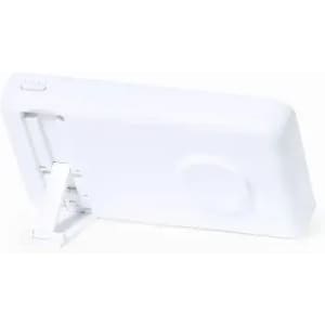 A white promotional drink bottle with a stand and a logo. The design is sleek and modern.