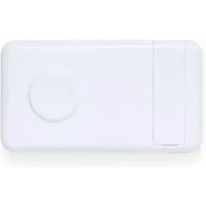 A white promotional product with a smooth surface and a circular feature on one side, featuring a branding logo.