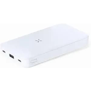 A power bank in white with multiple ports and a textured surface, featuring a small logo on one side.