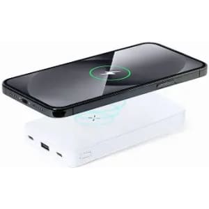 A wireless charging pad in white with a smartphone in black placed above it, indicating charging is in progress.