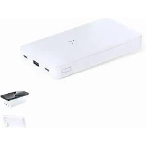 A portable charger in white, featuring multiple USB ports and a sleek, flat design. It includes a small additional device.