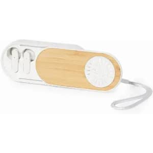 A wireless earbud case with a bamboo panel and silver accents, featuring a logo on one side.
