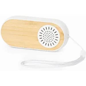A portable speaker with a bamboo front and white casing, featuring a speaker grille and a wrist strap.