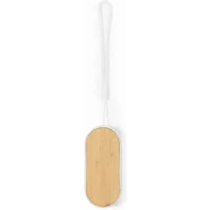 A bamboo paddle with a white string loop. Features a natural wood finish and a simple oval shape.