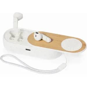 A wireless earbud charging station in white with a bamboo top and space for earbuds, including a wrist strap.