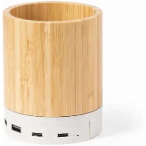 A bamboo-style desk organiser featuring a white base with multiple USB ports.