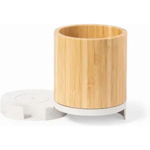 A bamboo drink bottle with a white lid, featuring a smooth cylindrical design and a minimalist aesthetic.