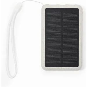 A solar charger with a textured black panel and a light grey, lightweight body. Includes a wrist strap for convenience.