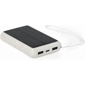 A power bank with a textured black top and grey sides, featuring two USB ports and a wrist strap.