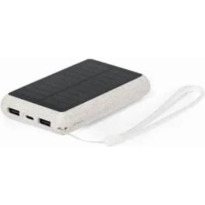 A solar power bank in light grey with a textured surface and a wrist strap for portability.