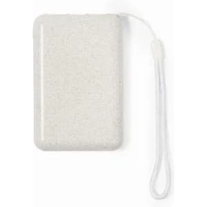 A cream-coloured phone case with a textured finish and a white wrist strap. Features a subtle branding logo.