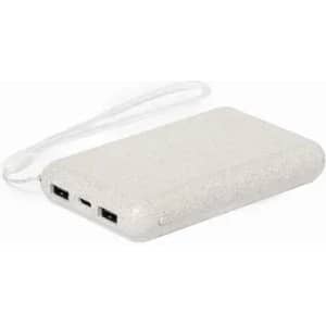 A portable charger in a speckled off-white finish with USB ports and a strap.