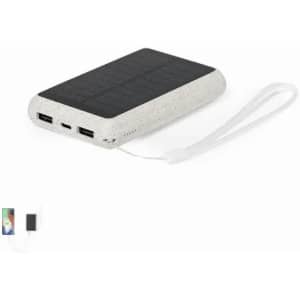 A solar power bank in grey with a textured top, featuring multiple USB ports and a wrist strap.