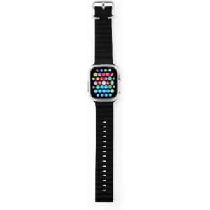 A smartwatch with a black strap and a square face displaying colourful app icons, featuring a logo on the side.