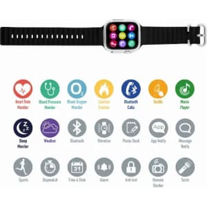 A smartwatch with a black strap and a rectangular, multi-coloured display showcasing various app icons.