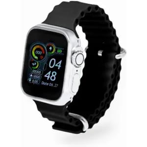 A smartwatch with a black strap and a silver casing, displaying performance metrics on its screen.