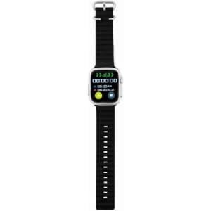 A smartwatch with a square face, black strap, and digital display showing various fitness metrics.