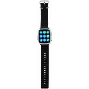 A smartwatch with a silver frame and a black strap, featuring a vibrant app display on the face.