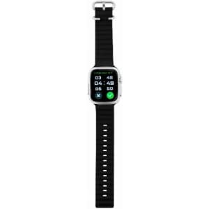 A smartwatch with a square face and a black silicone strap. It features a digital display and a logo.