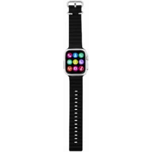 A smartwatch with a black strap and a rectangular display featuring various app icons. It has a logo on the side.