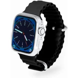 A smartwatch with a silver case and blue screen, featuring a black silicone band and round watch face.